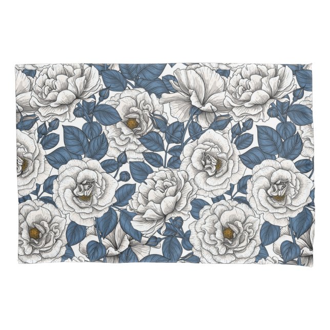 Funda De Cojín Rosas blancas con hojas azules en blanco (Anverso-izquierdo)