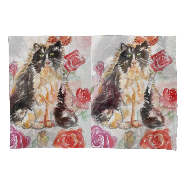 Funda De Cojín Rosas De Tuxedo Cat Cute Flores Gatos Rosa De Acua (Anverso)