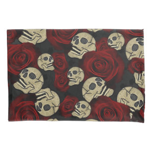 Funda De Cojín Rosas Rojas & Calaveras Gris Negro Floral Gótico