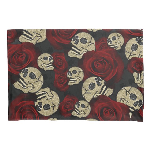 Funda De Cojín Rosas Rojas & Calaveras Gris Negro Floral Gótico (Anverso)
