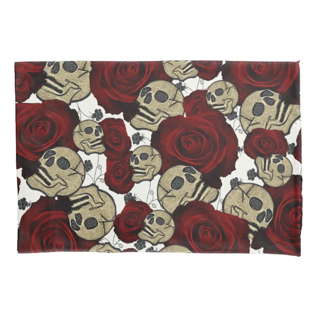 Funda De Cojín Rosas Rojas y Calaveras Floral Negro Gótico Blanco (Anverso)