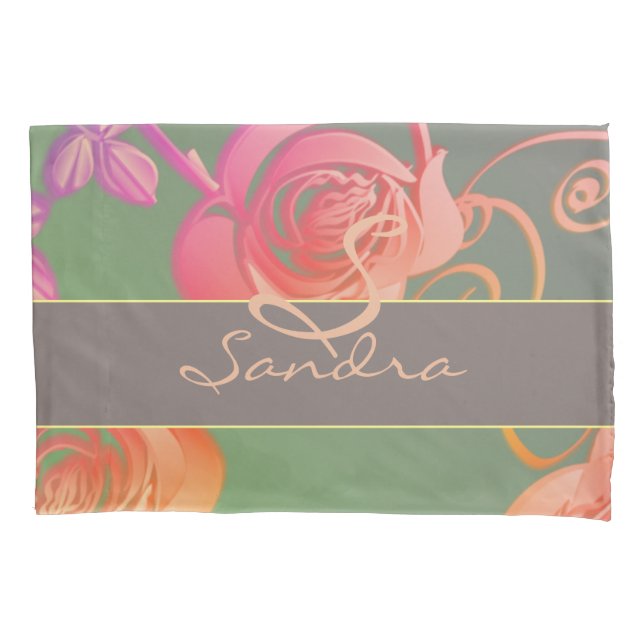 Funda De Cojín Rosas románticos Monograma Pillowcase (Anverso-izquierdo)