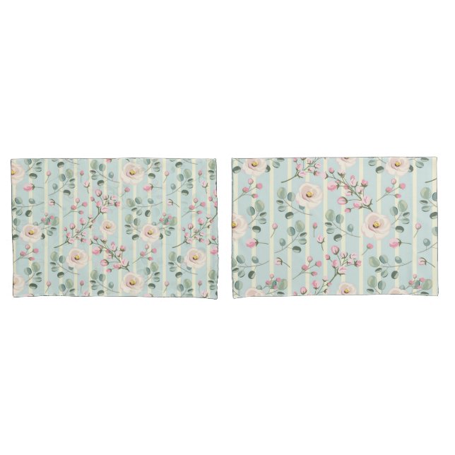 Funda De Cojín Rosas rosadas Rayas azules y blancas (Anverso - Set)