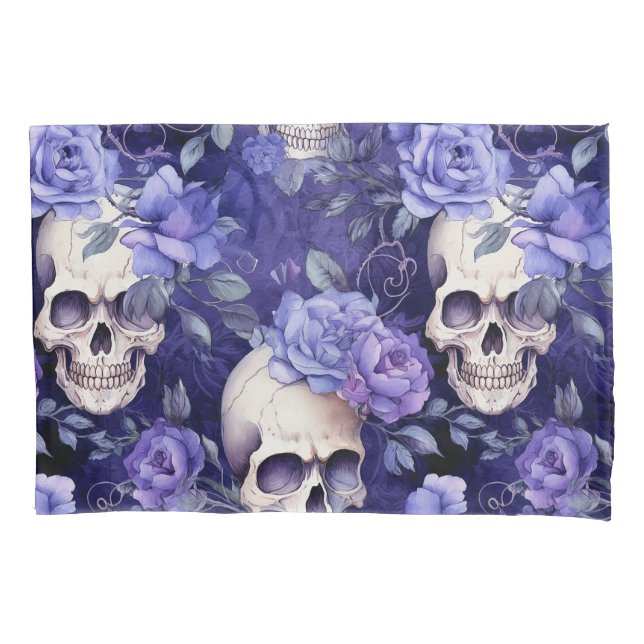 Funda De Cojín Rosas violetas con calaveras (Anverso)