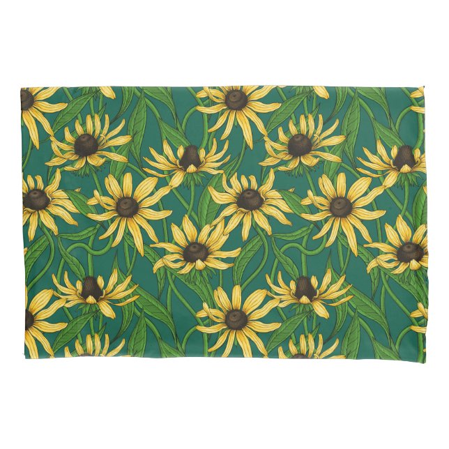 Funda De Cojín Rudbekia amarilla en verde oscuro (Anverso-izquierdo)