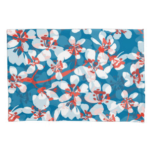 Funda De Cojín Sakura blanca, patrón de fondo azul clásico.