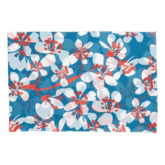 Funda De Cojín Sakura blanca, patrón de fondo azul clásico. (Anverso)