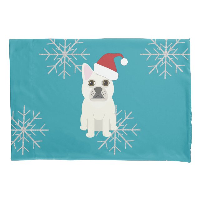 Funda De Cojín Santa Frenchie, Copos de Nieve Azules (Anverso)