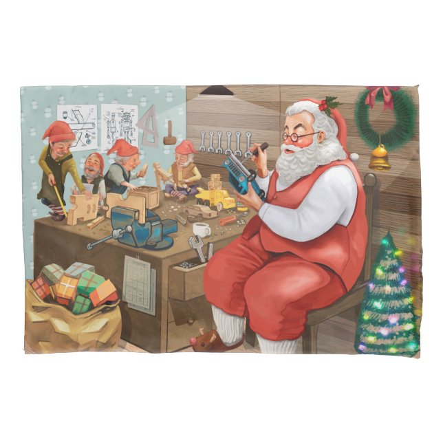 Funda De Cojín Santa Y Elves Haciendo Juguetes | NAVIDADES (Anverso)