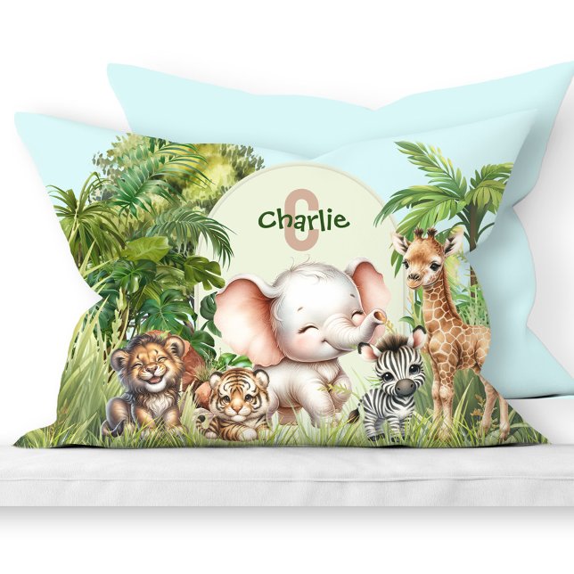Funda De Cojín Selva Safari Cute animales salvajes Azul verde (Safari Jungle Cute Wild Animals Green Blue Pillow Case)