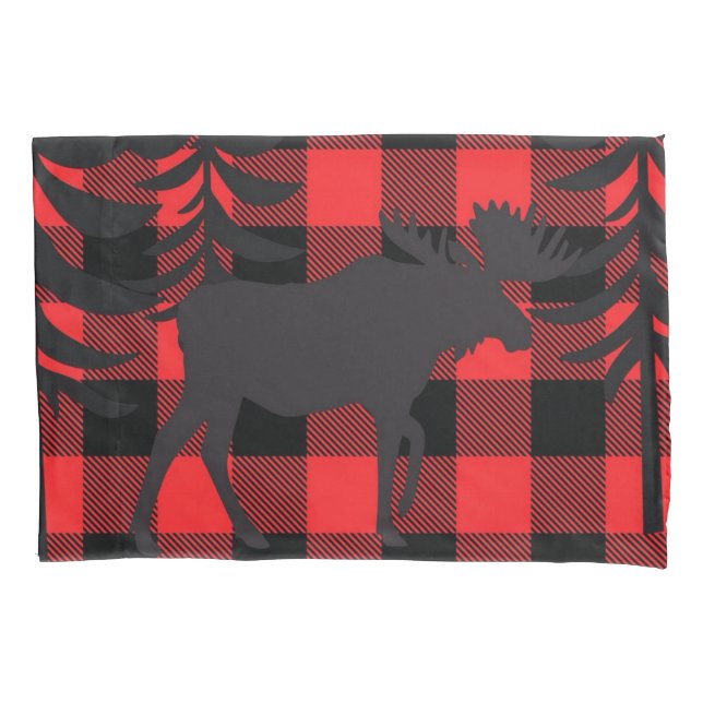 Funda De Cojín Silhouette de Moose roja plaid (Anverso)