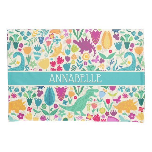 Funda De Cojín Siluetas folclóricas florales de dinosaurios Hermo (Anverso)