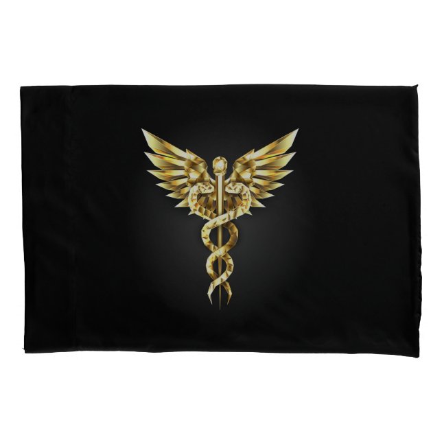 Funda De Cojín Símbolo Caduceo Poligonal Dorado (Anverso)