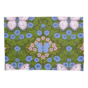 Funda De Cojín Simetría de mariposas y flores, azul y rosa
