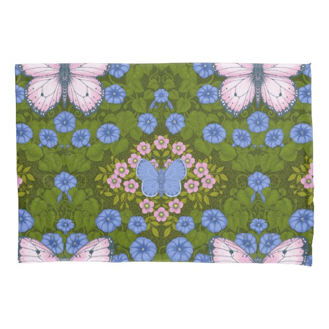 Funda De Cojín Simetría de mariposas y flores, azul y rosa (Anverso-izquierdo)