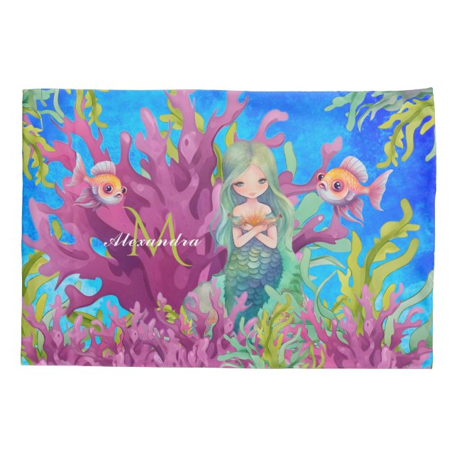 Funda De Cojín Sirena de nombre de monograma de Ocean Blue Cute (Reverso)