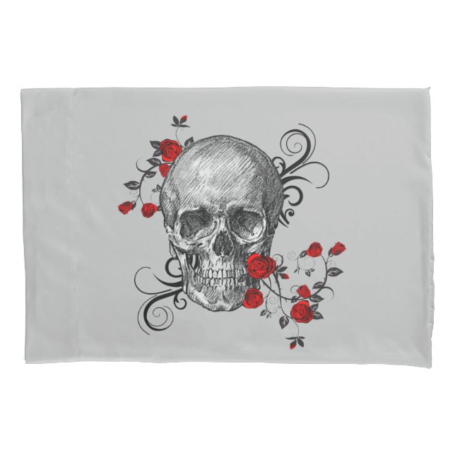 Funda De Cojín Skull y Rosas Sketch revierten a bandas (Anverso-izquierdo)