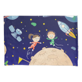 Funda De Cojín Space kids moon landing spaceship satellite stars 