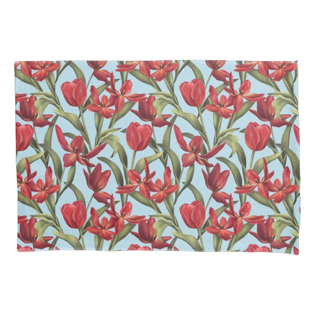 Funda De Cojín Spun Sugar fondo con tulipanes rojos (Anverso)