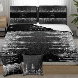 Funda De Cojín Stylish Black and Silver Sparkly Icicle Surname