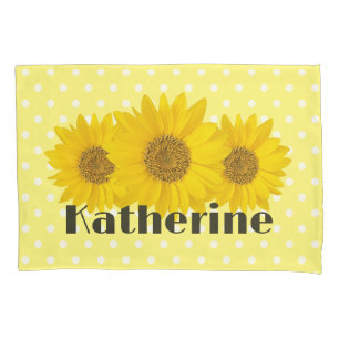 Funda De Cojín Sunflowers Polka Dots Custom Name Yellow