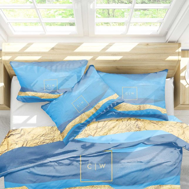 Funda De Cojín Sunny Azur Ocean Surf Waves Blue Gold Monogramas (Subido por el creador)
