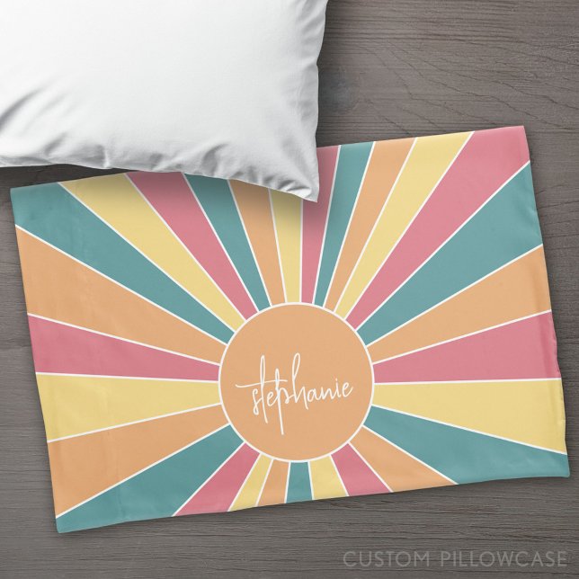 Funda De Cojín Sunrise de rayas retro - nombre de guión de arcoir (Custom Pillowcase)