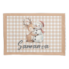 Funda De Cojín Tartan plaid reindeer snowman beige white name