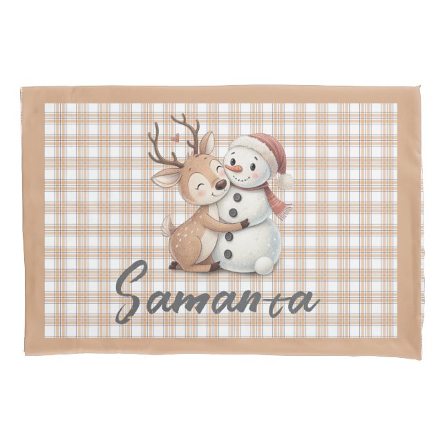 Funda De Cojín Tartan plaid reindeer snowman  beige white name (Anverso)