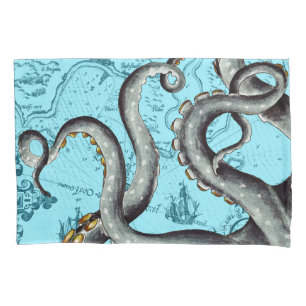 Funda De Cojín Tentáculos Gris En El Mapa De Vintado Azul