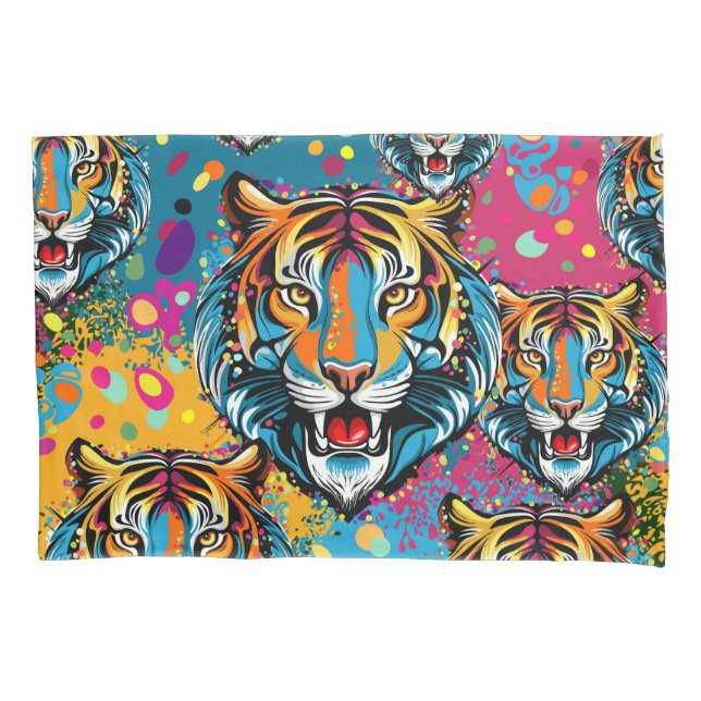 Funda De Cojín Tiger Head Rainbow colors paint stains (Anverso)
