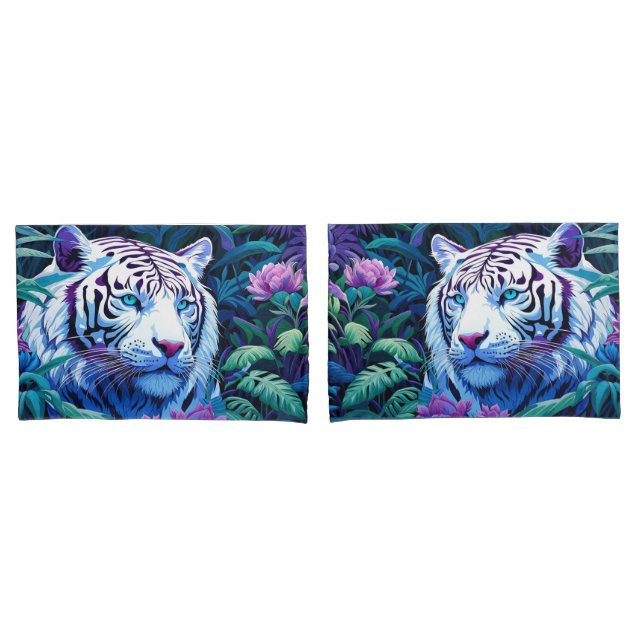 Funda De Cojín Tigre blanco con flores púrpuras (Anverso - Set)