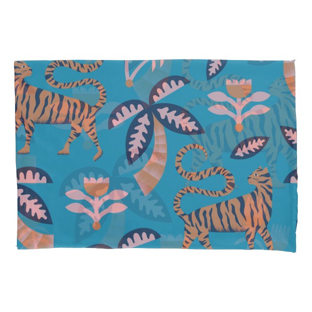 Funda De Cojín Tigre retro, palmera, patrón de flor (Anverso)