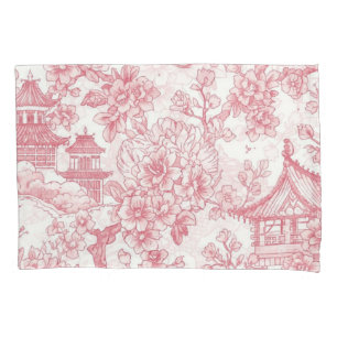 Funda De Cojín Toile de Chinoiserie Rosa Dragón Flor de Cerezo