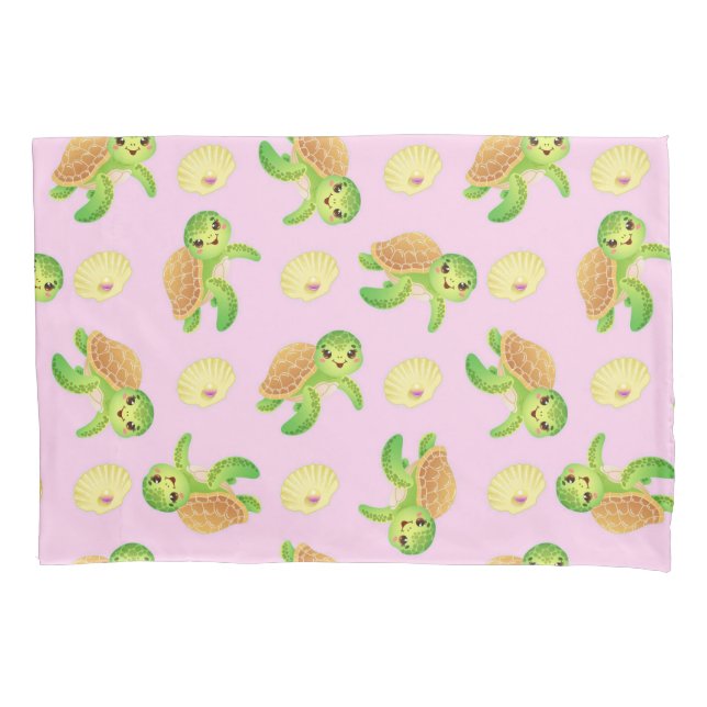 Funda De Cojín Tortugas sonrientes y conchas (Anverso)