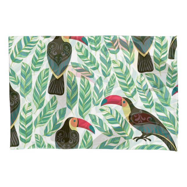 Funda De Cojín Toucans, hojas tropicales, patrón decorativo. (Anverso)