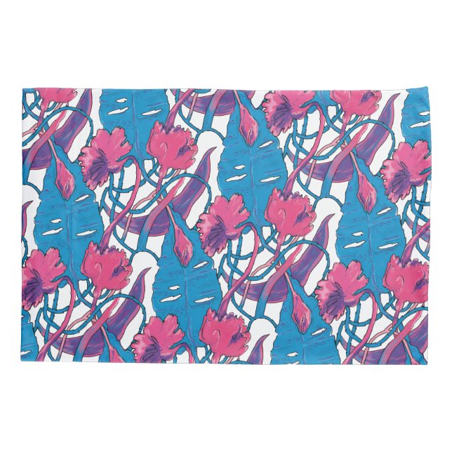Funda De Cojín Tropical Wild Flowers Blue Pink Modern Exotic (Reverso)