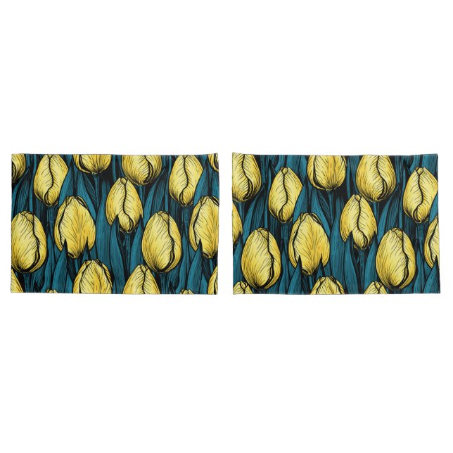 Funda De Cojín Tulipanes amarillos con hojas azules (Reverso-Set)