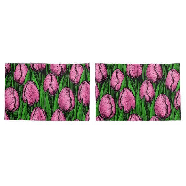 Funda De Cojín Tulipanes rosados con hojas verdes (Reverso-Set)