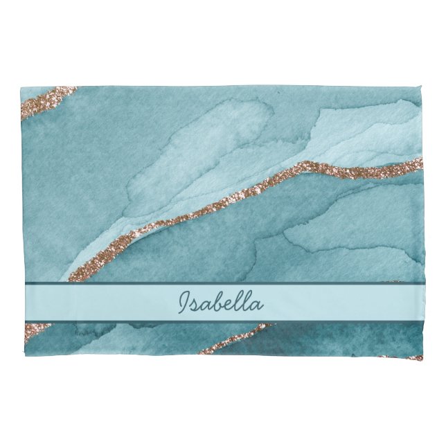 Funda De Cojín Turquesa Teal Oro Mármol Ágata Personalizado (Anverso)