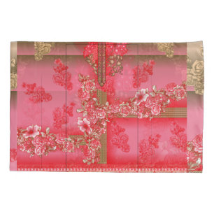 Funda De Cojín un diseño de fondo rosa y dorado con un rojo