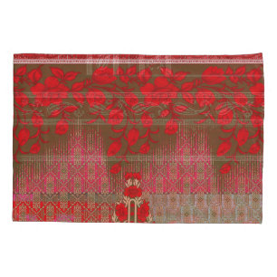 Funda De Cojín un patrón cruzado con flores y vides rojas