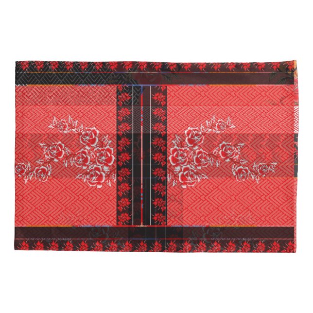 Funda De Cojín un patrón rojo y negro con flores sobre él (Reverso)