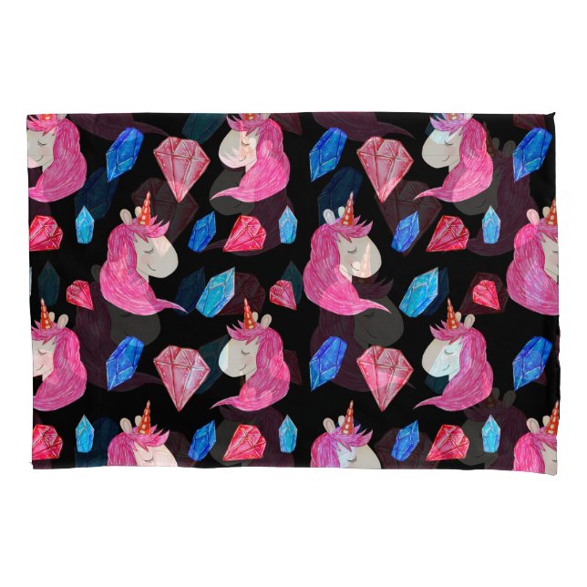 Funda De Cojín Unicornio, cristales: mágico patrón de acuarela. (Anverso)