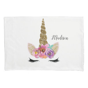 Funda De Cojín Unicornio Floral Dorado Brillo Chicas Femeninas De