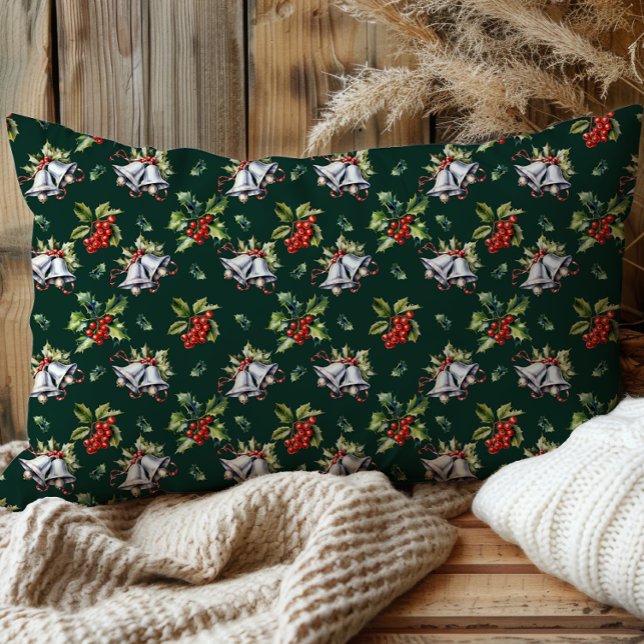 Funda De Cojín Vacaciones navideñas vírgenes, campanas plateadas  (Vintage Christmas Holiday Silver Bells, Holly and Berries Dark Green Pillow Case)