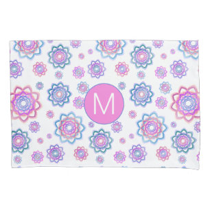 Funda De Cojín Verde azul rosa del monograma de color de las flor