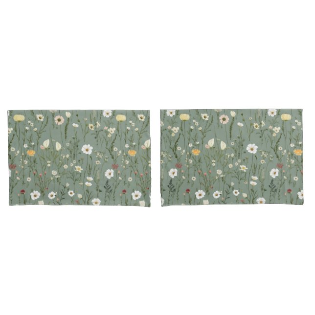 Funda De Cojín Verde Salvia Amarillo Blanco Boho Flores Silvestre (Anverso - Set)