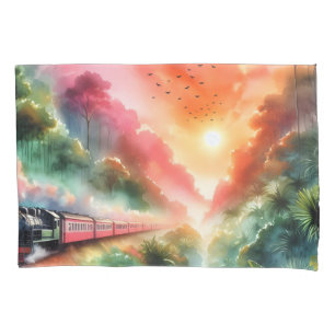 Funda De Cojín Viaje en tren al atardecer tropical acuarela