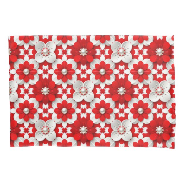 Funda De Cojín Vibrant Red And White Floral Pattern With Pearl (Anverso)